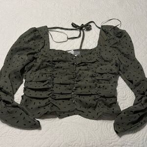 Mine NWT Olive Ruched Blouse with Black Accents